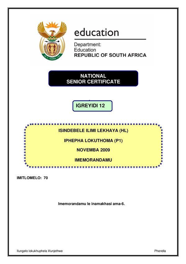 Isindebele Hl P1 Memo