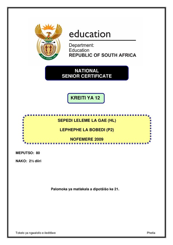 Grade 12 Sepedi past paper 2009 – Sepedi HL P2