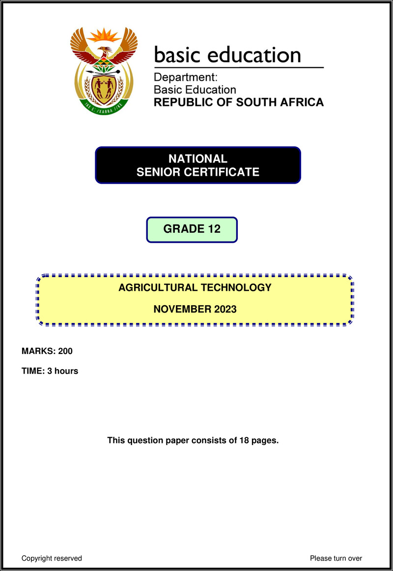 Grade 12 Agricultural Technology past paper 2023 – agricultural technology nov 2023 eng gr12
