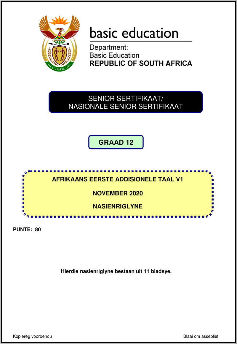 Grade 12 Afrikaans past paper 2020 – afrikaans fal p1 nov 2020 memo gr12