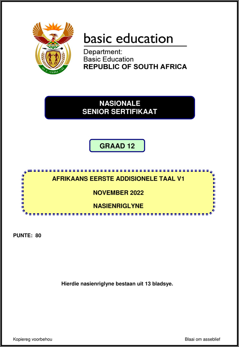 Grade 12 Afrikaans past paper 2022 – afrikaans fal p1 nov 2022 mg gr12