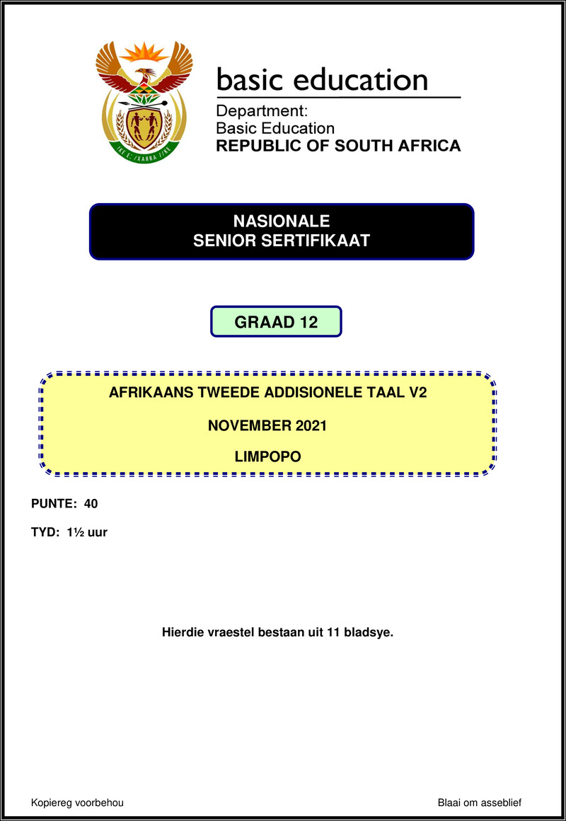 Grade 12 Afrikaans past paper 2021 – afrikaans sal p2 nov 2021 limpopo gr12