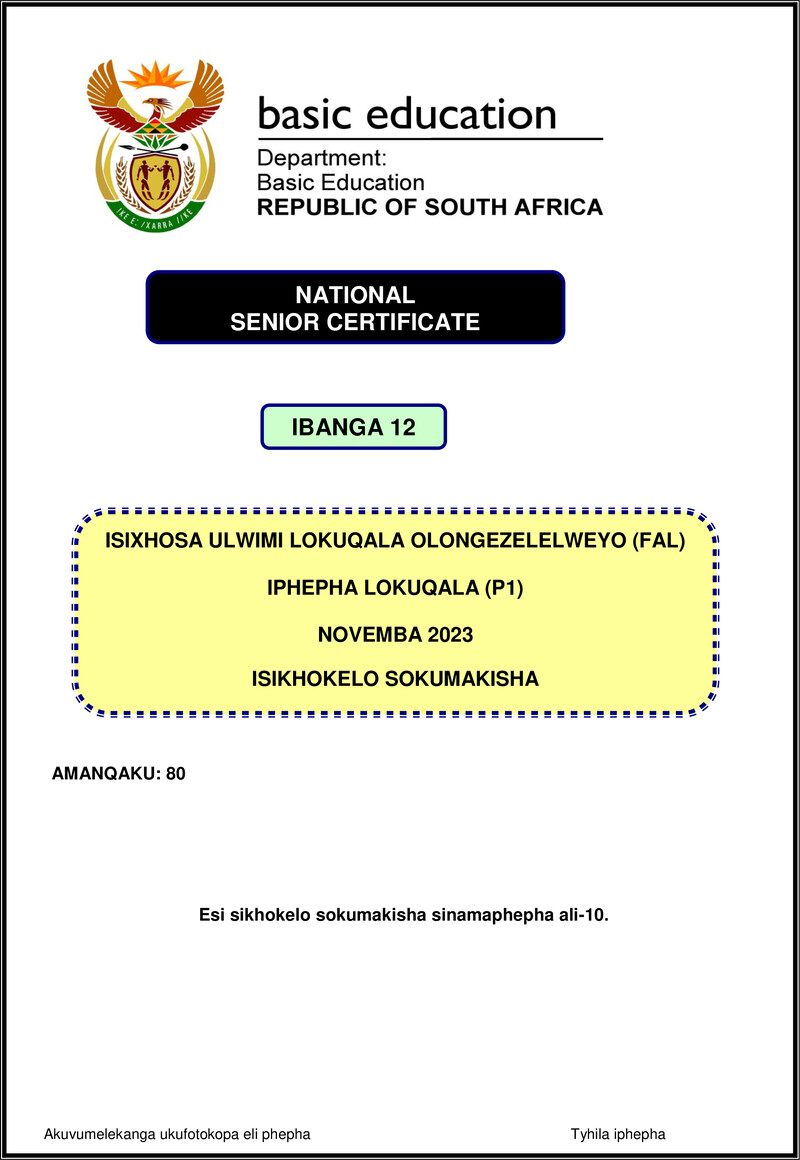 Grade 12 isiXhosa past paper 2023 – isixhosa fal p1 nov 2023 mg gr12