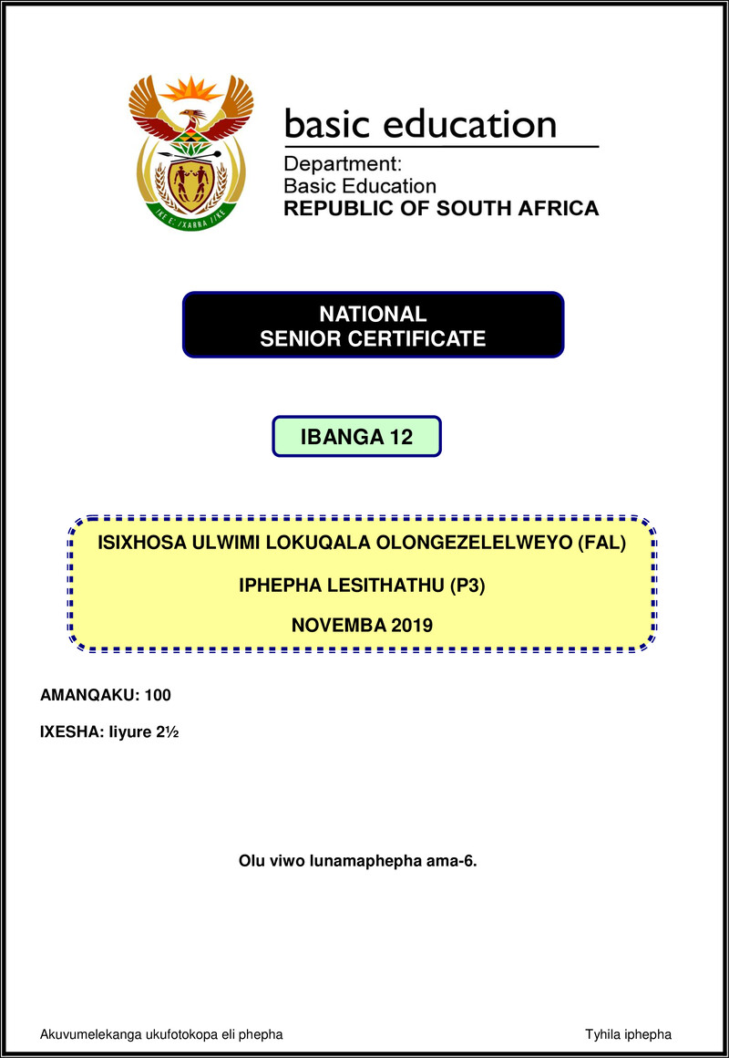 Grade 12 isiXhosa past paper 2019 – isixhosa fal p3 nov 2019 gr12