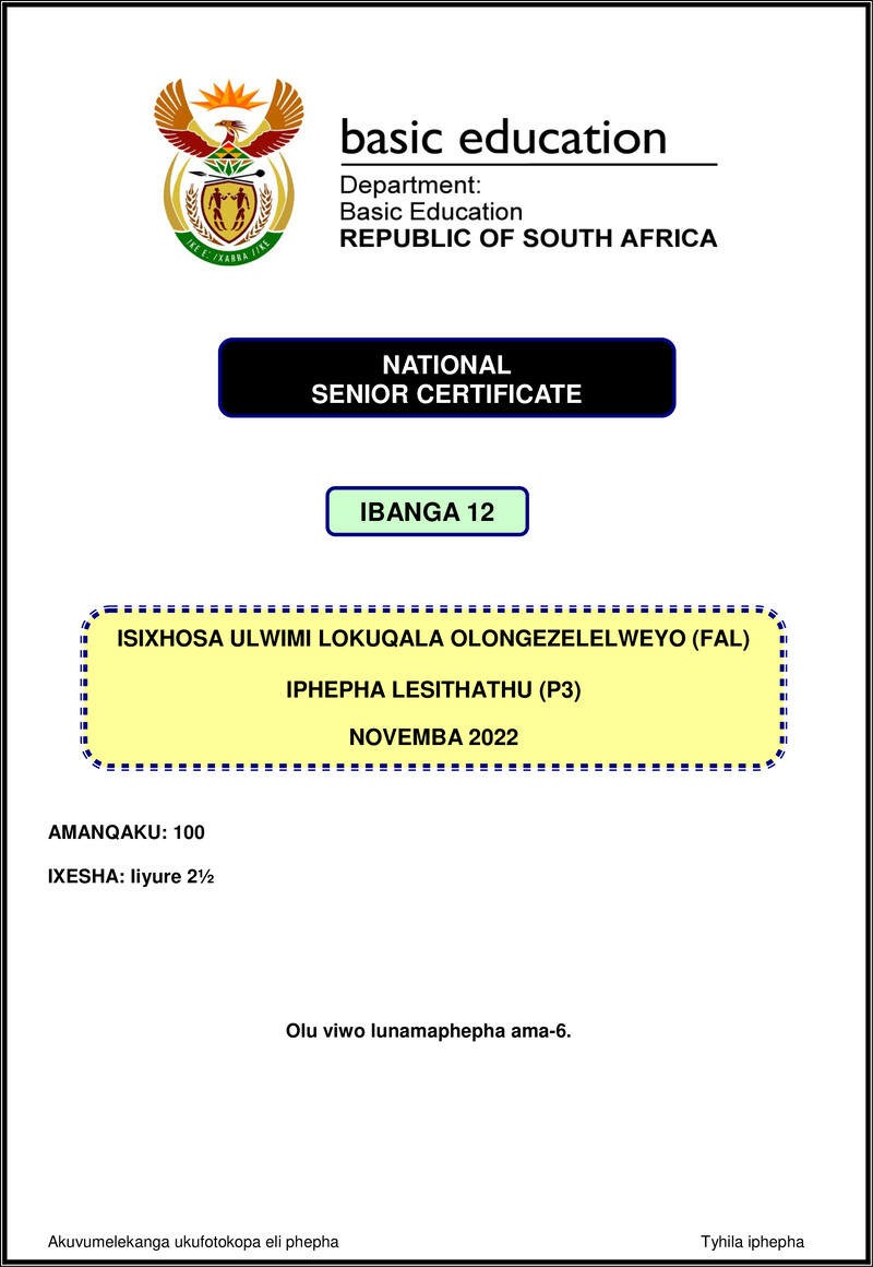 Grade 12 isiXhosa past paper 2022 – isixhosa fal p3 nov 2022 gr12