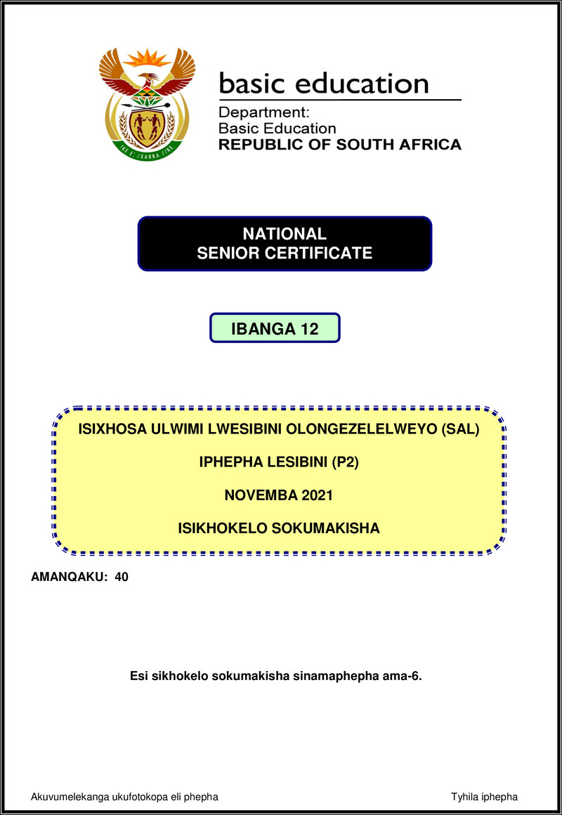 Grade 12 isiXhosa past paper 2021 – isixhosa sal p2 nov 2021 mg gr12
