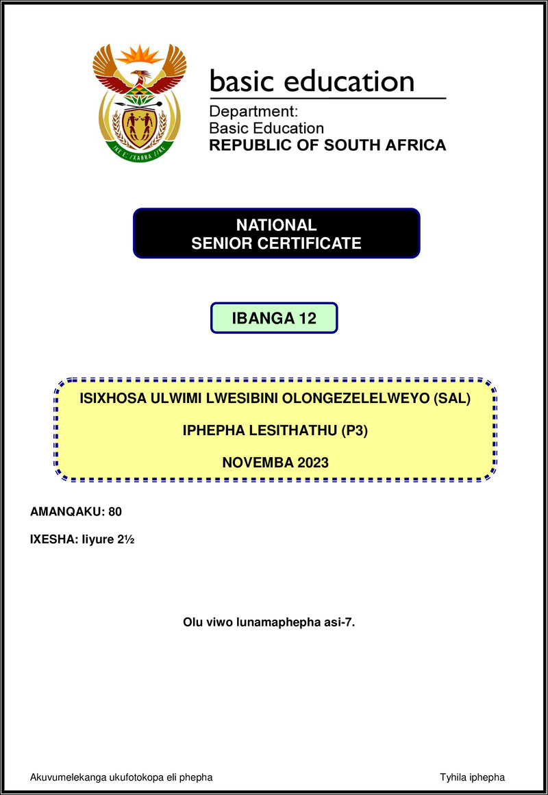 Isixhosa Sal P3 Nov 2023 Gr12
