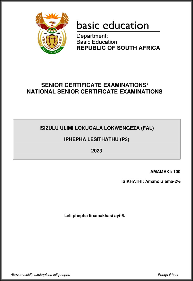 Isizulu Fal P3 May June 2023 Gr12