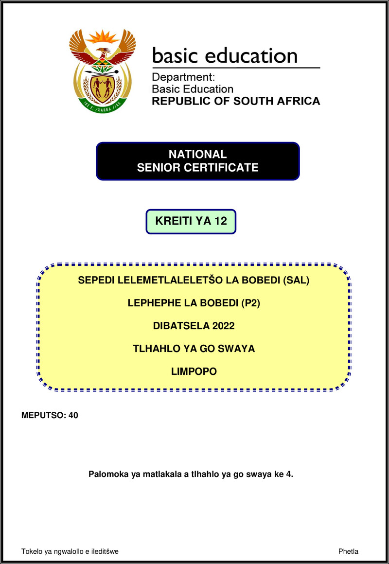 Grade 12 Sepedi past paper 2022 – sepedi sal p2 nov 2022 mg limpopo gr12