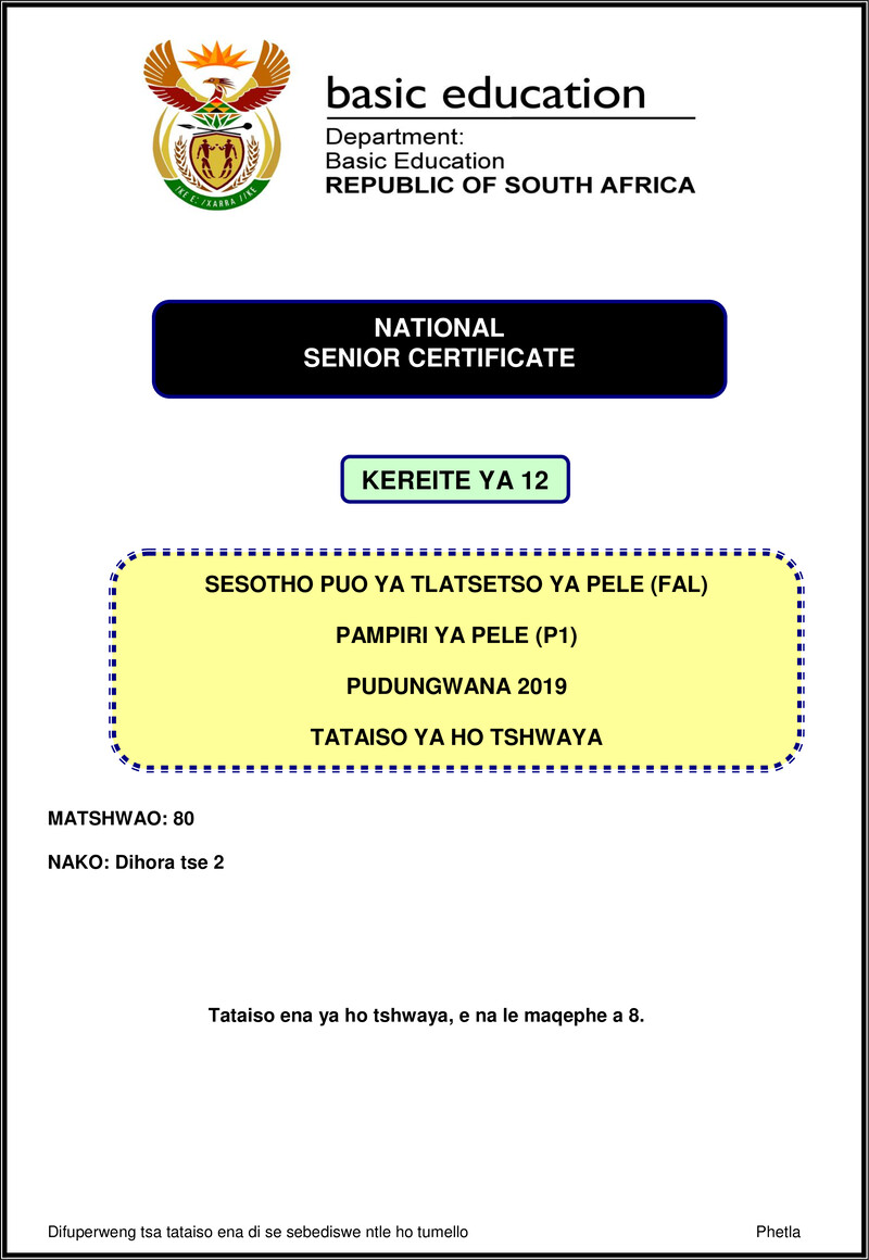 Sesotho Fal P1 Nov 2019 Memo Gr12