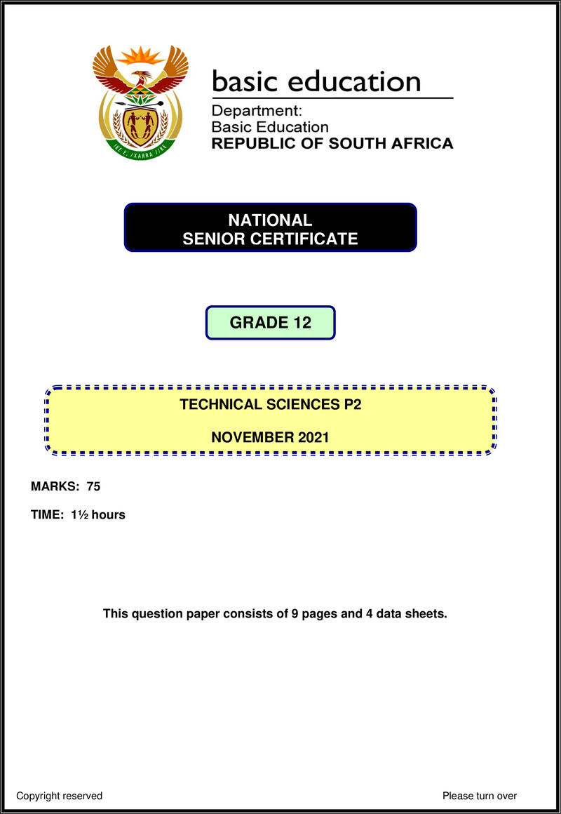 Grade 12 Technical Sciences past paper 2021 – technical sciences p2 nov 2021 eng gr12