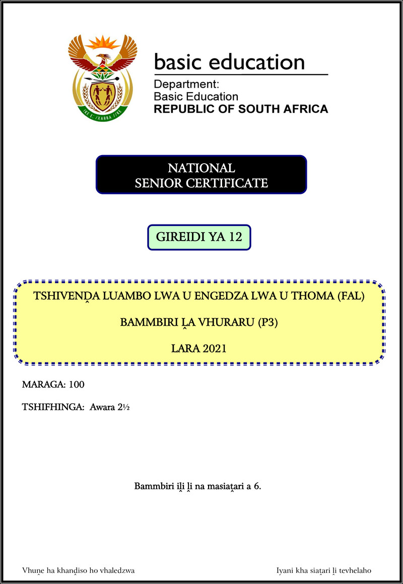 Grade 12 Tshivenda past paper 2021 – tshivenda fal p3 nov 2021 gr12