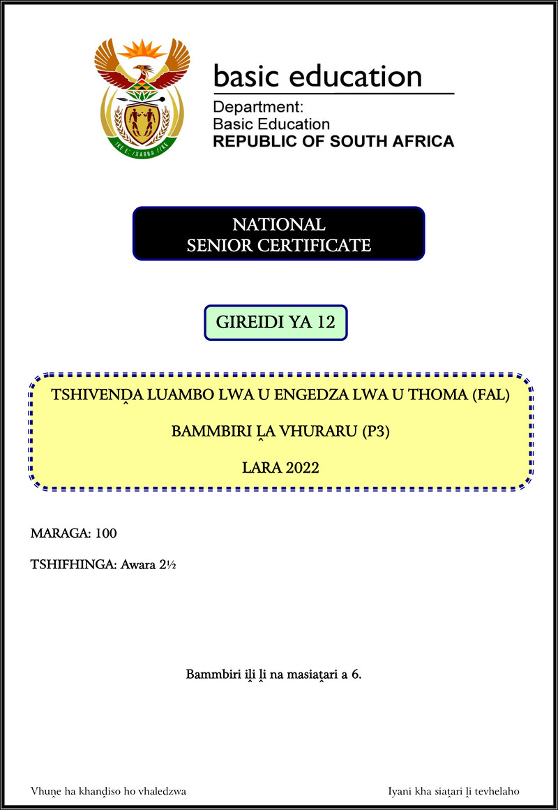Grade 12 Tshivenda past paper 2022 – tshivenda fal p3 nov 2022 gr12
