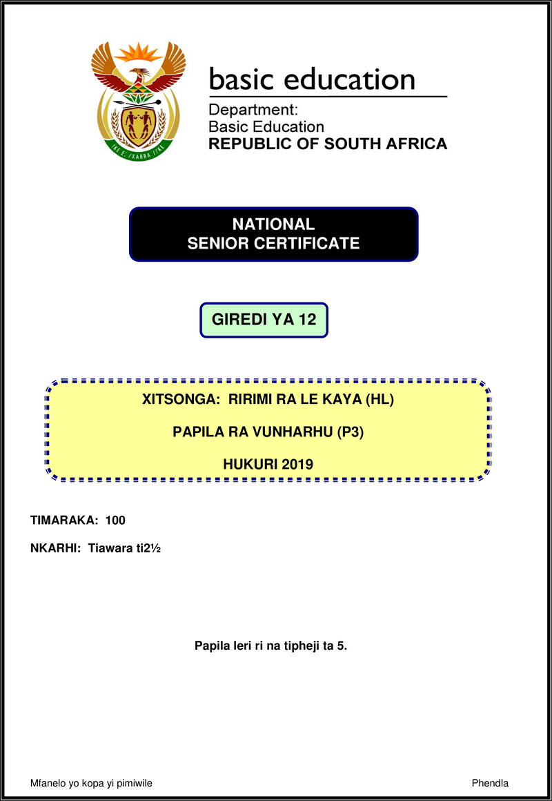 Grade 12 Xitsonga past paper 2019 – xitsonga hl p3 nov 2019 gr12