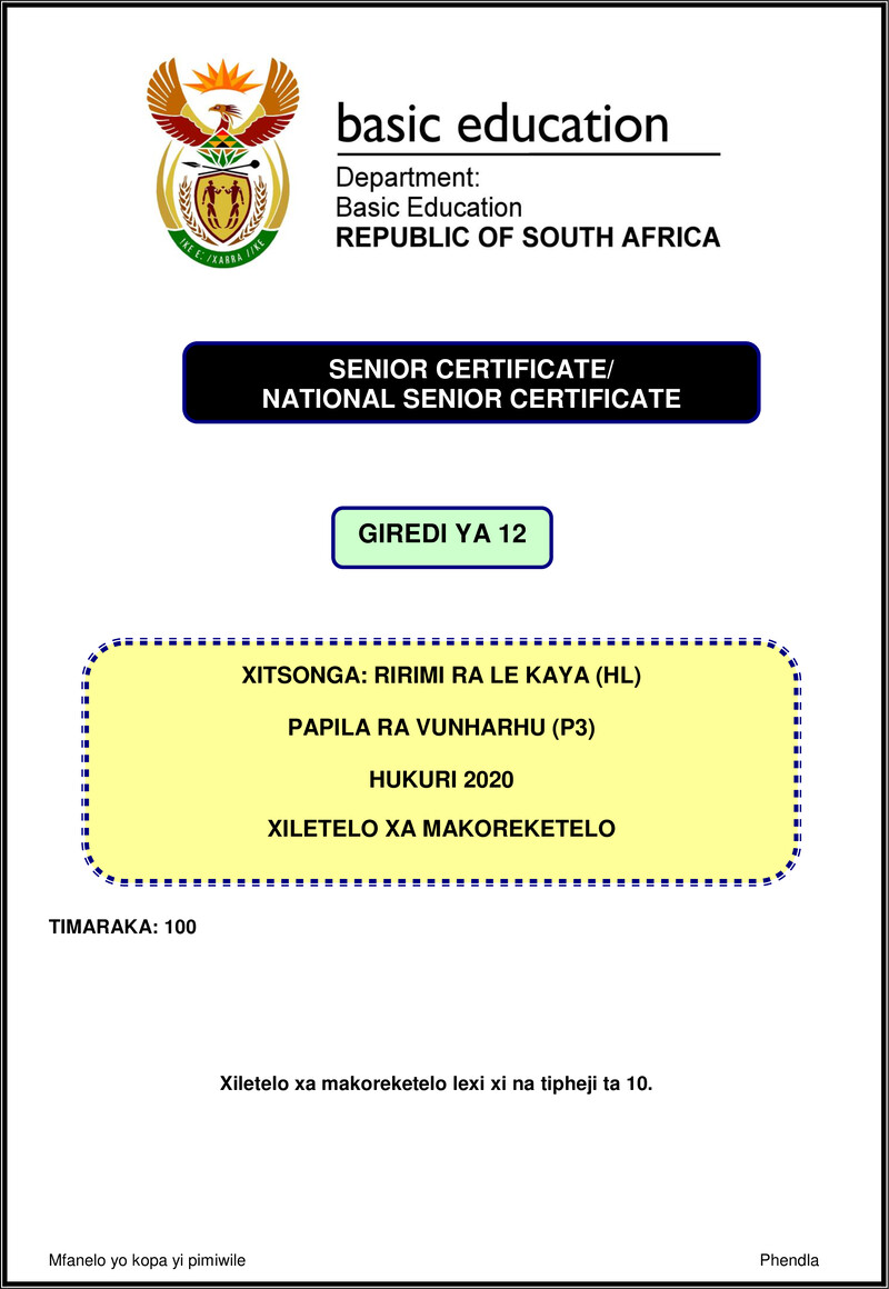 Grade 12 Xitsonga past paper 2020 – xitsonga hl p3 nov 2020 memo gr12