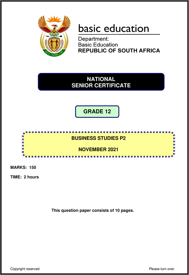 Grade 12 Business Studies past paper 2021 – business studies p2 nov 2021 eng gr12