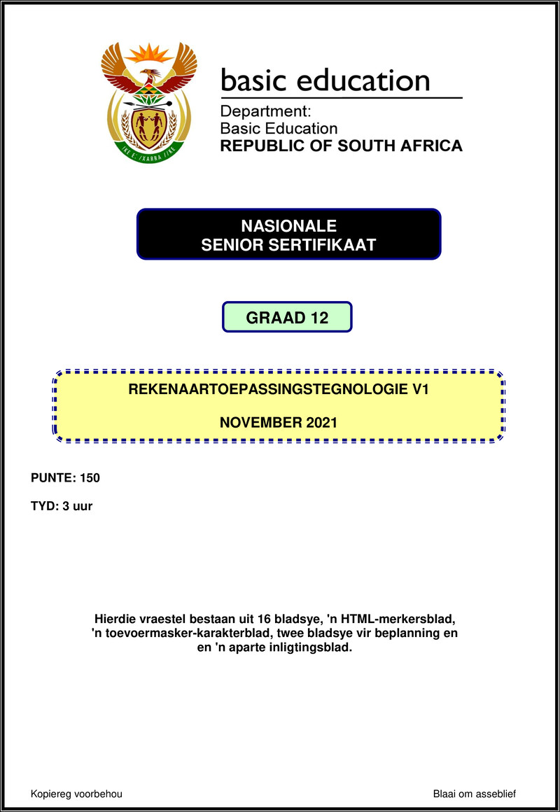 Grade 12 Rekenaartoepassingstegnologie past paper 2021 – computer application technology p1 nov 2021 afr gr12