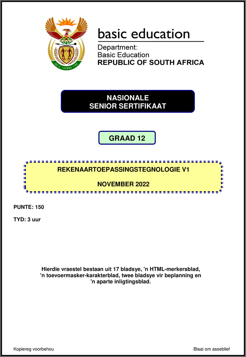 Grade 12 Computer Applications Technology past paper 2022 – computer applications technology p1 nov 2022 afr gr12