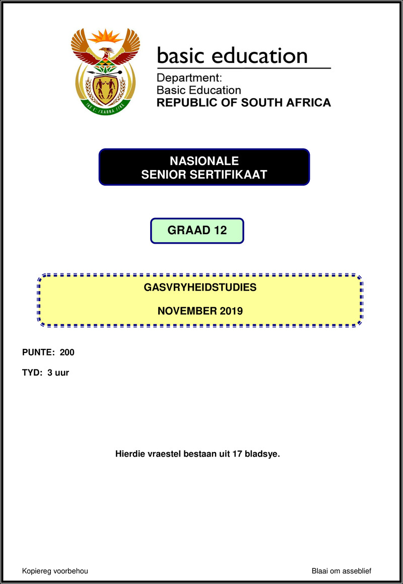 Grade 12 Gasvryheidstudies past paper 2019 – hospitality studies nov 2019 afr gr12