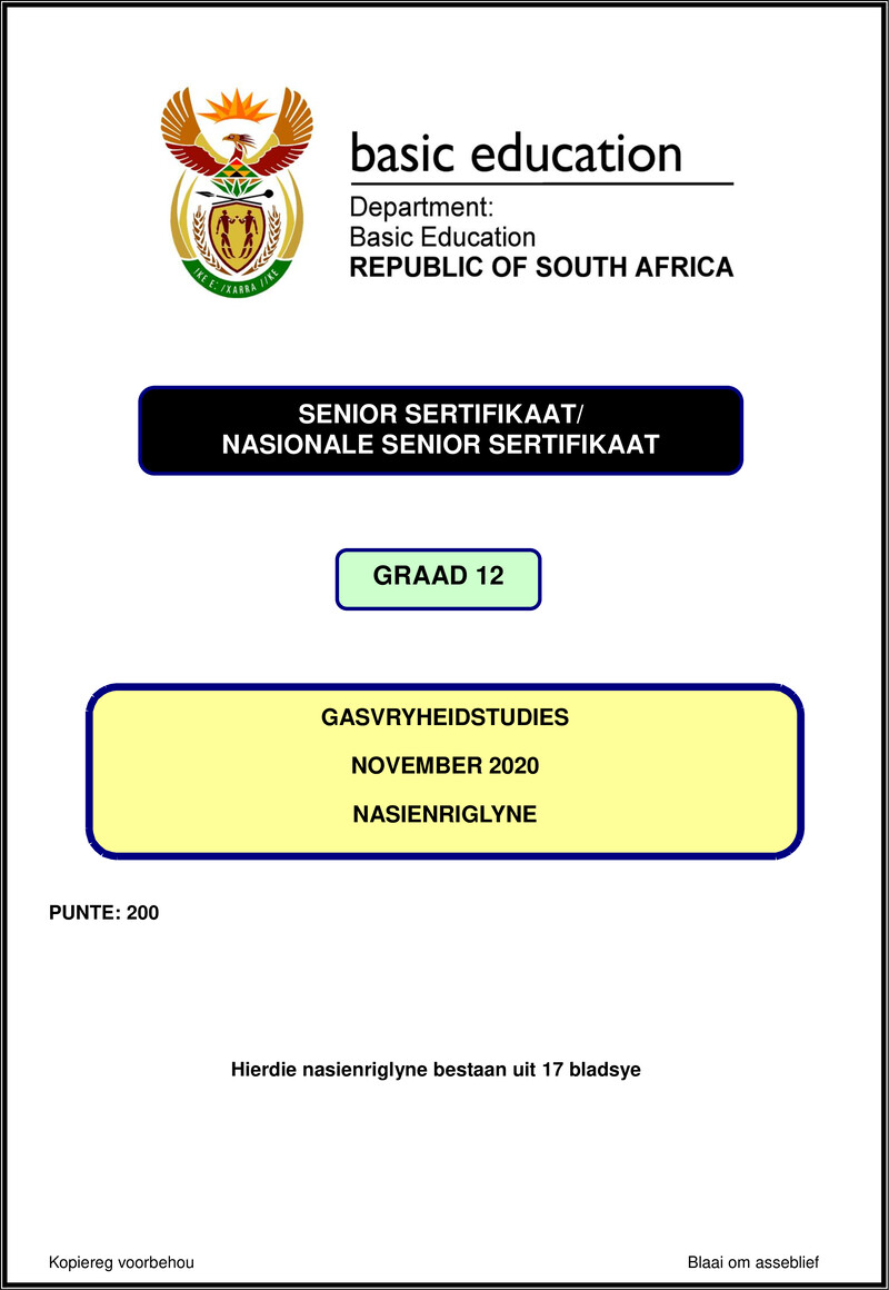 Grade 12 Gasvryheidstudies past paper 2020 – hospitality studies nov 2020 memo afr gr12