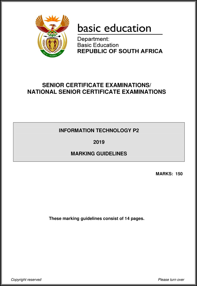 Grade 12 Information Technology past paper 2019 – information technology p2 may june 2019 memo eng gr12
