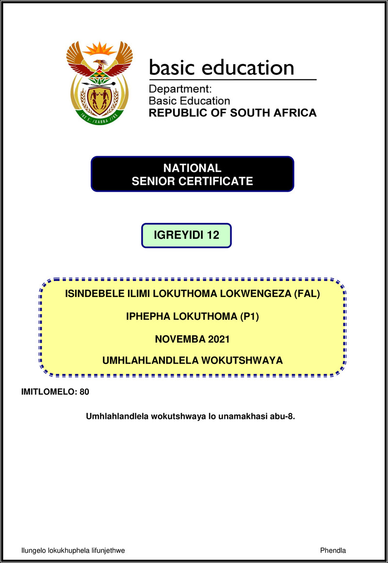 Isindebele Fal P1 Nov 2021 Mg Gr12