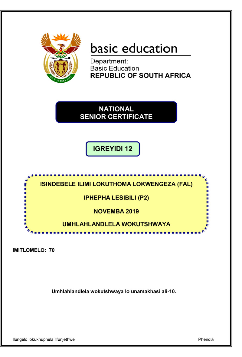 Isindebele Fal P2 Nov 2019 Memo Gr12