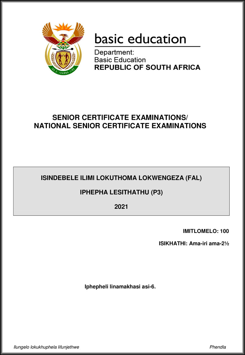 Isindebele Fal P3 May June 2021 Gr12
