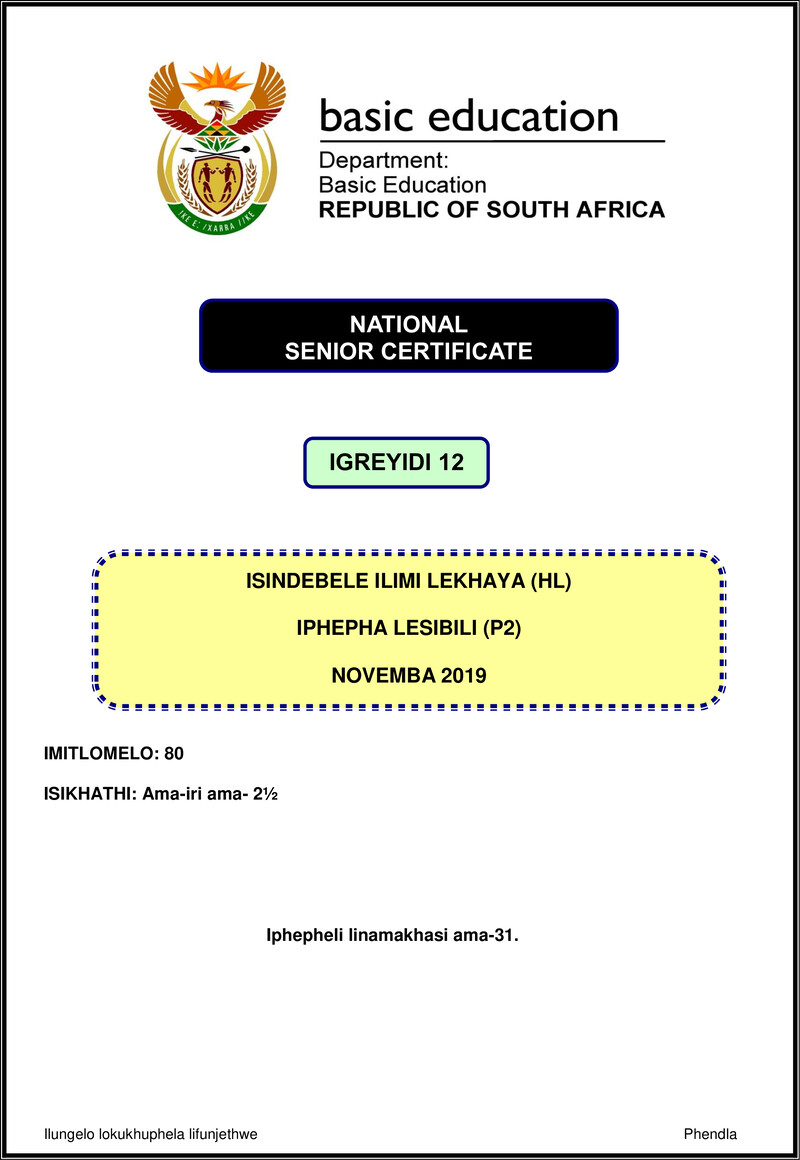 Isindebele Hl P2 Nov 2019 Gr12
