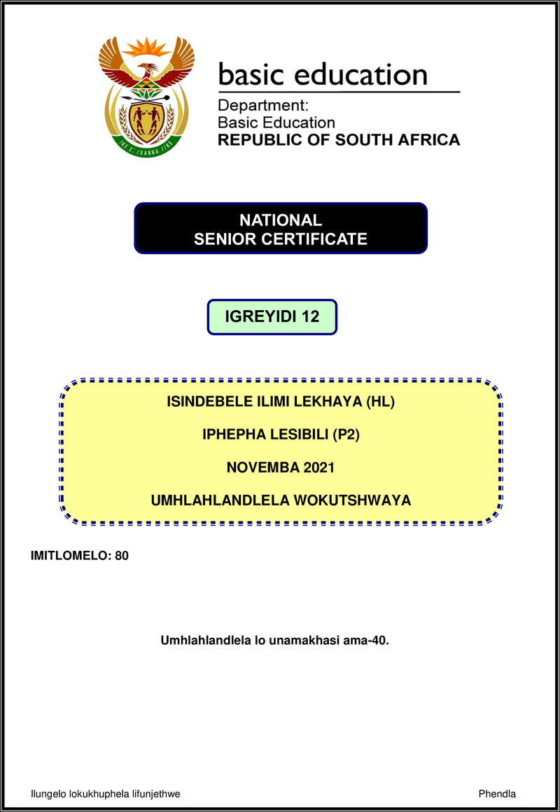 Isindebele Hl P2 Nov 2021 Mg Gr12