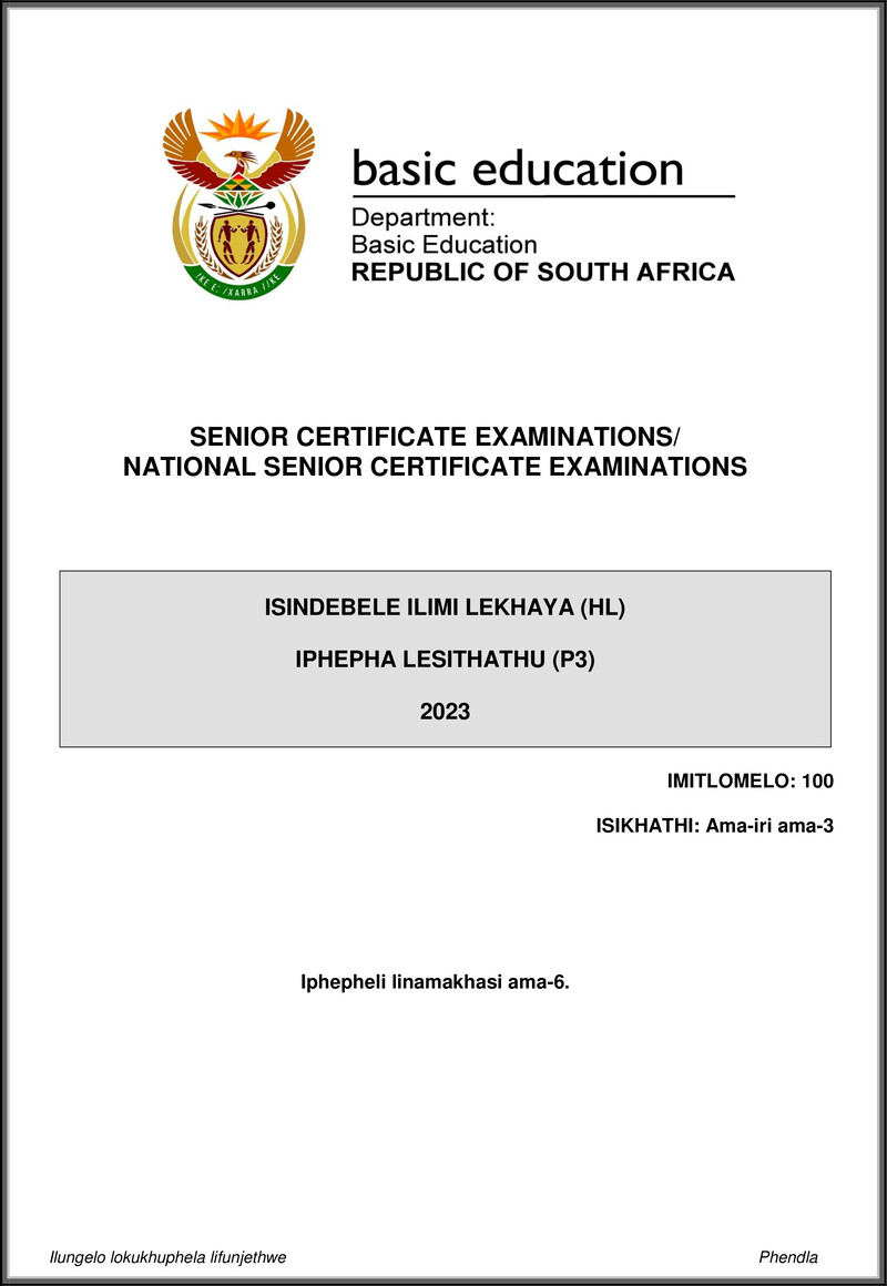 Grade 12 isiNdebele past paper 2023 – isindebele hl p3 may june 2023 gr12