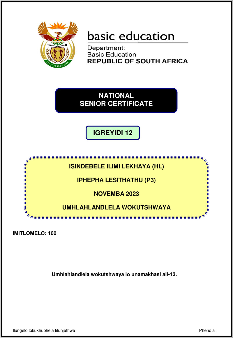 Grade 12 isiNdebele past paper 2023 – isindebele hl p3 nov 2023 mg gr12