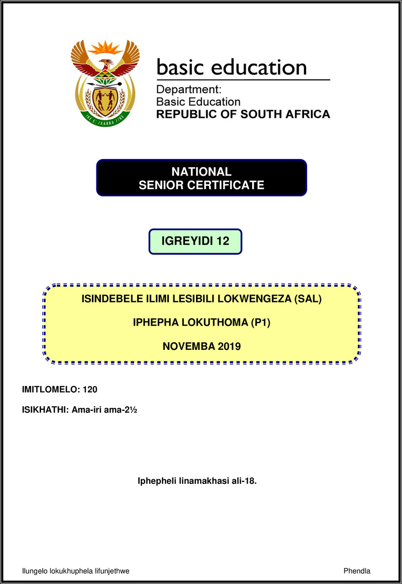 Grade 12 isiNdebele past paper 2019 – isindebele sal p1 nov 2019 gr12