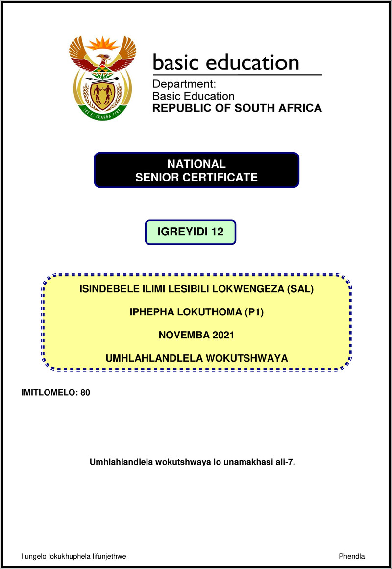 Grade 12 isiNdebele past paper 2021 – isindebele sal p1 nov 2021 mg gr12