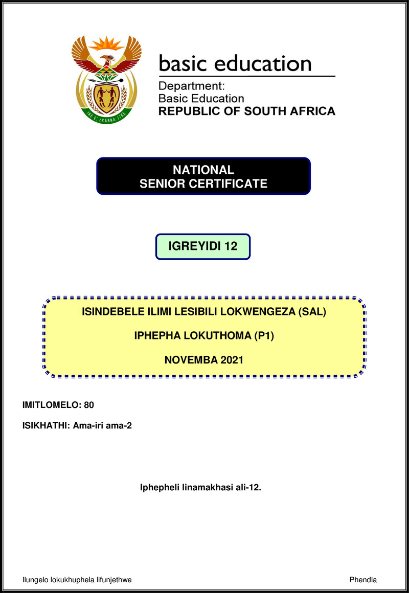 Isindebele Sal P1 Nov 2021 Gr12