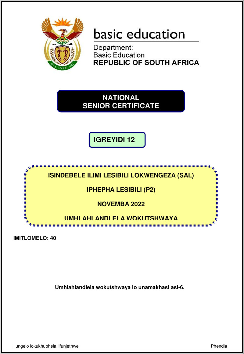 Isindebele Sal P2 Nov 2022 Mg Gr12
