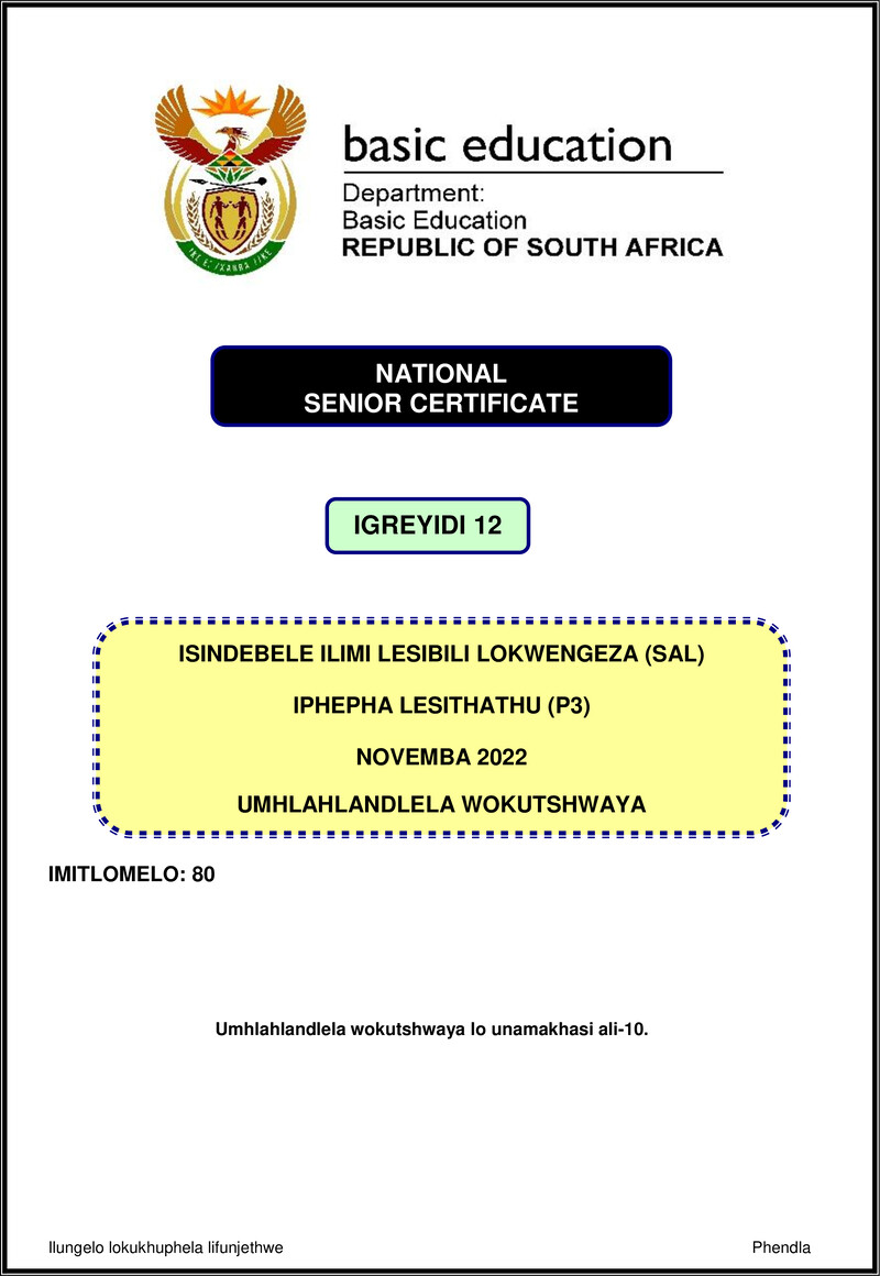 Isindebele Sal P3 Nov 2022 Mg Gr12