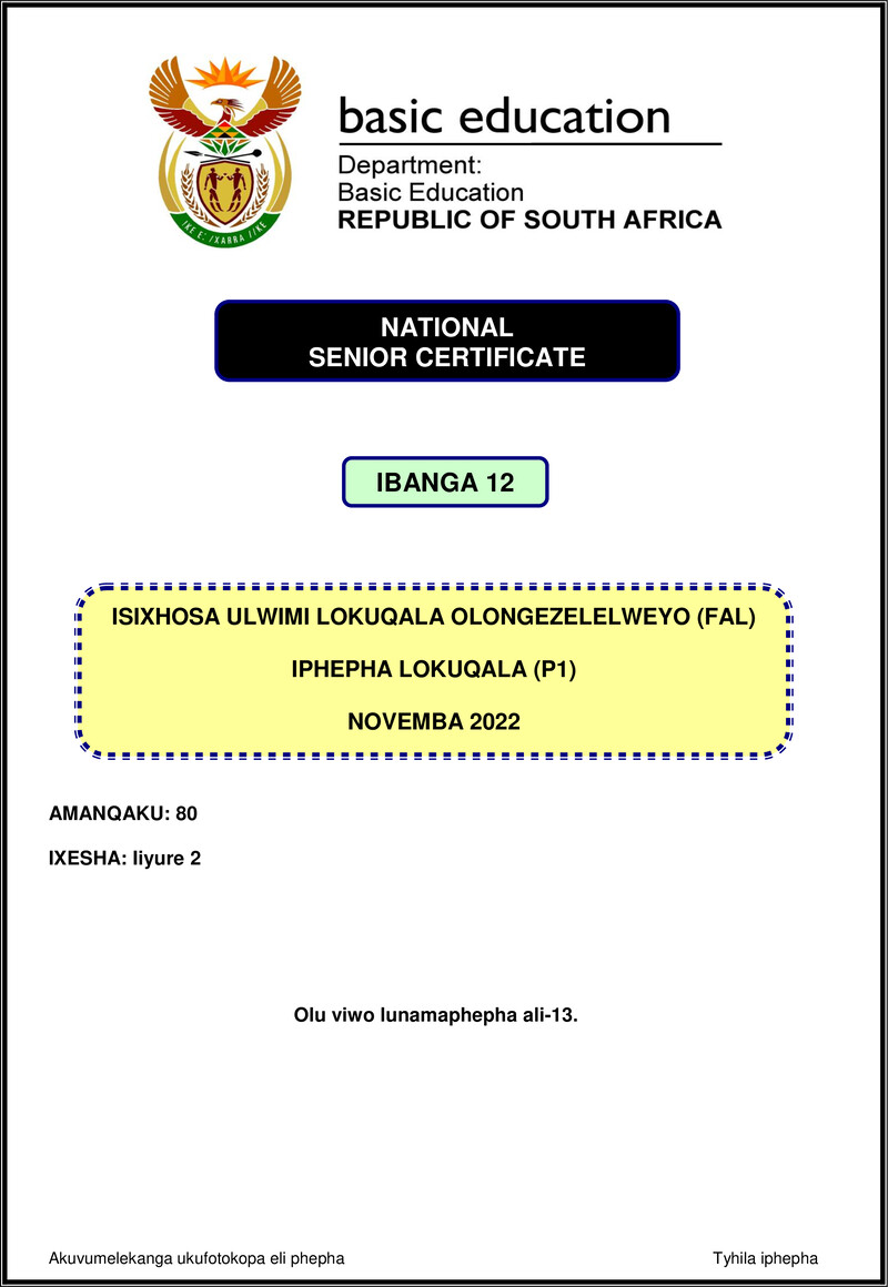 Grade 12 isiXhosa past paper 2022 – isixhosa fal p1 nov 2022 gr12