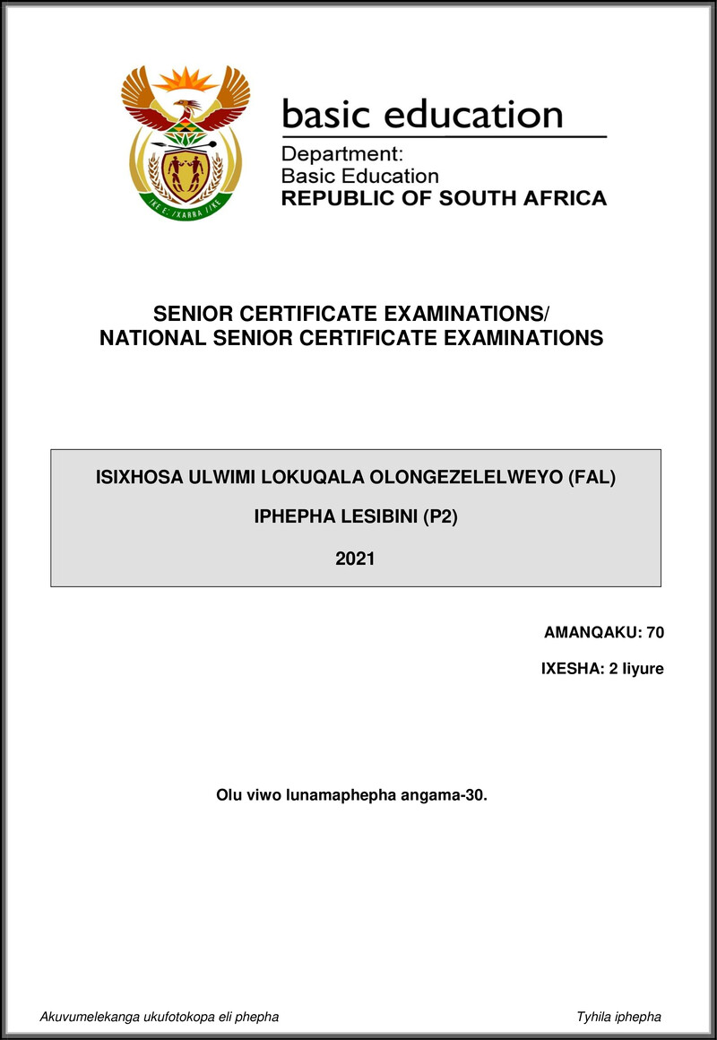 Grade 12 isiXhosa past paper 2021 – isixhosa fal p2 may june 2021 gr12
