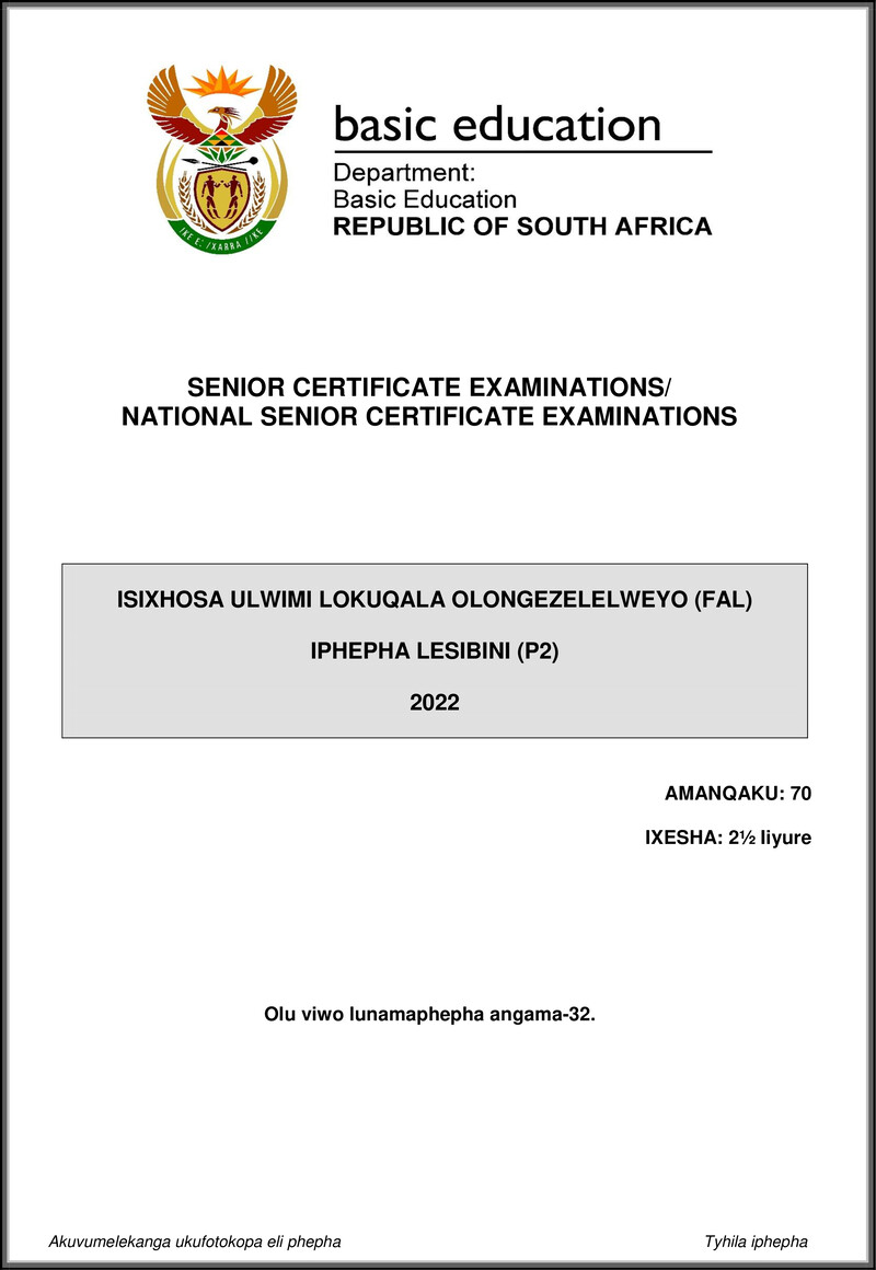 Grade 12 isiXhosa past paper 2022 – isixhosa fal p2 may june 2022 gr12
