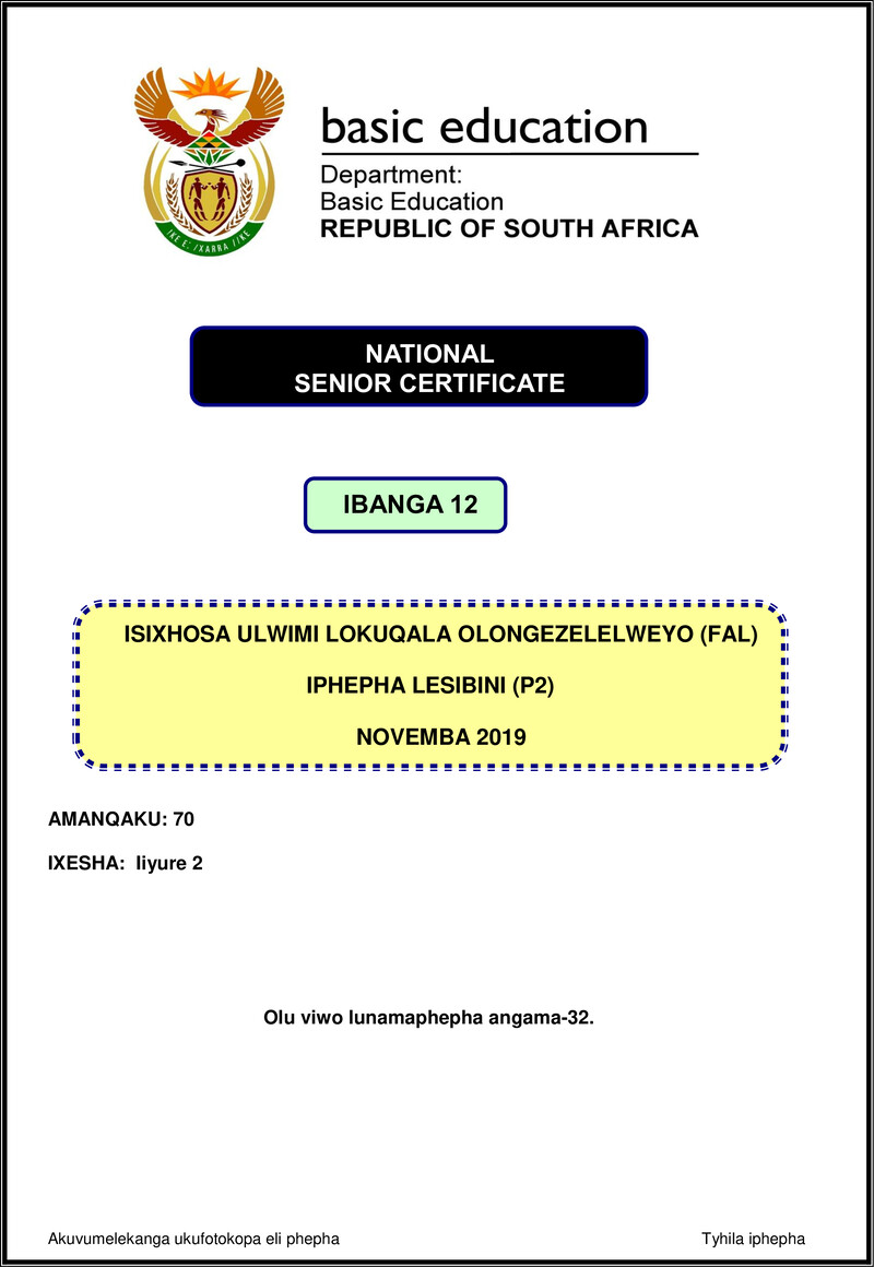 Grade 12 isiXhosa past paper 2019 – isixhosa fal p2 nov 2019 gr12