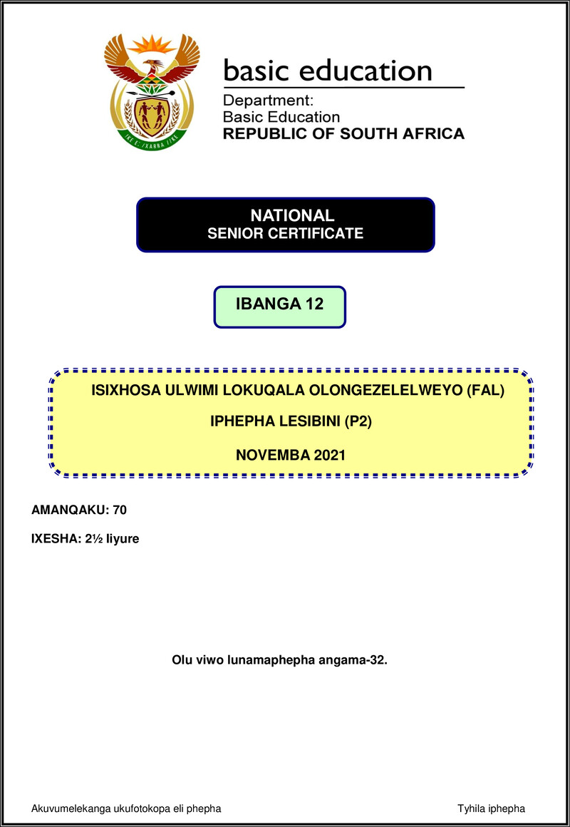 Grade 12 isiXhosa past paper 2021 – isixhosa fal p2 nov 2021 gr12