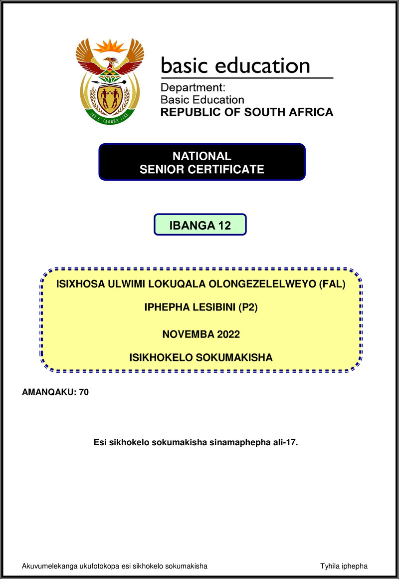 Grade 12 isiXhosa past paper 2022 – isixhosa fal p2 nov 2022 mg gr12