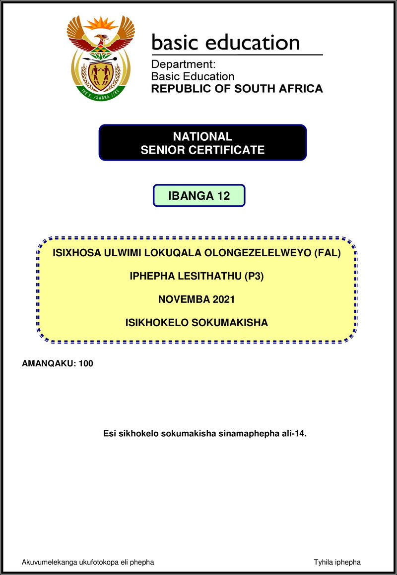 Grade 12 isiXhosa past paper 2021 – isixhosa fal p3 nov 2021 mg gr12
