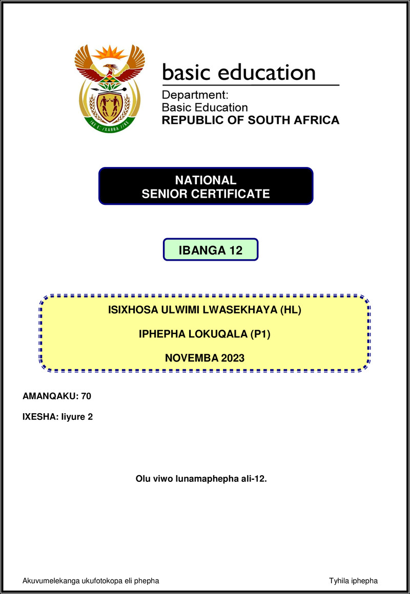 Isixhosa Hl P1 Nov 2023 Gr12
