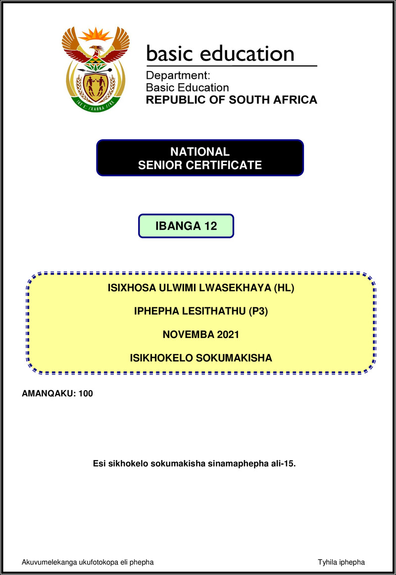 Grade 12 isiXhosa past paper 2021 – isixhosa hl p3 nov 2021 mg gr12