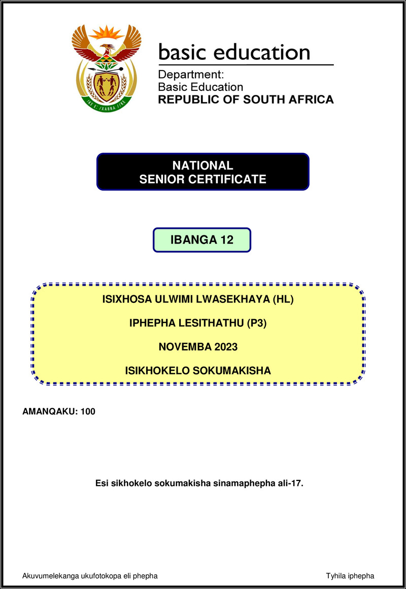 Grade 12 isiXhosa past paper 2023 – isixhosa hl p3 nov 2023 mg gr12