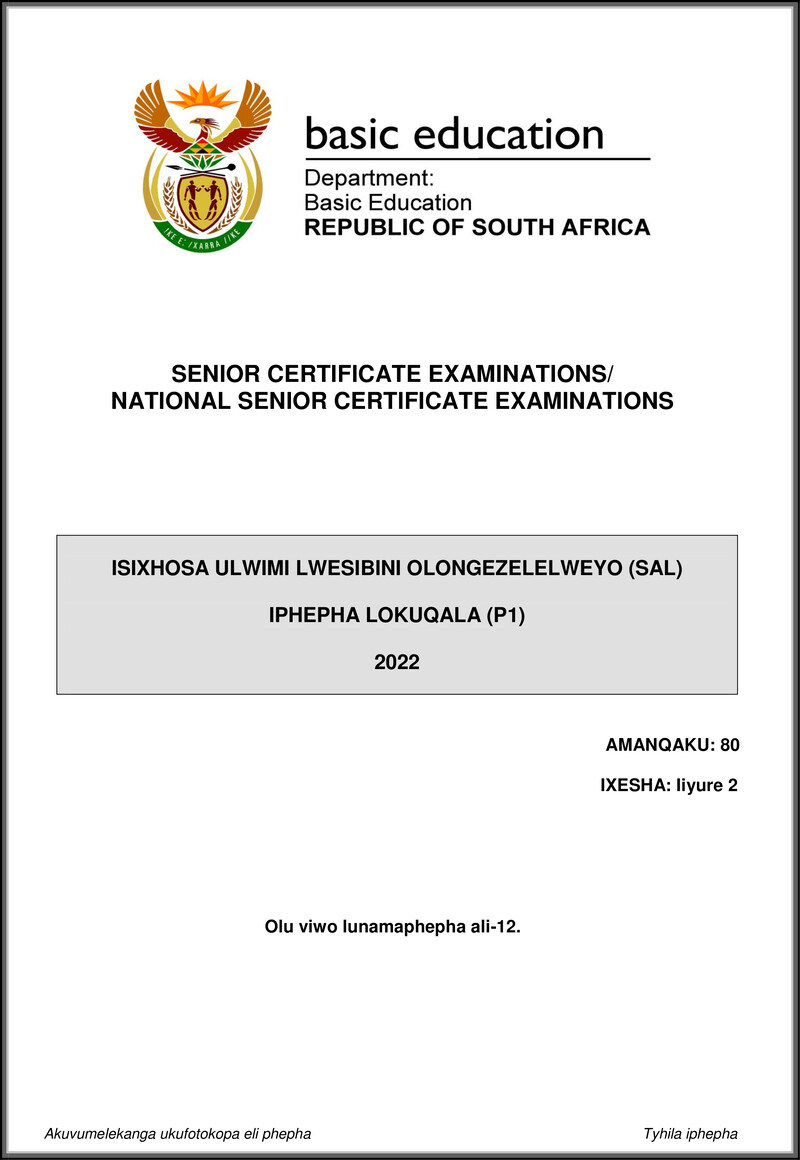 Grade 12 isiXhosa past paper 2022 – isixhosa sal p1 may june 2022 gr12