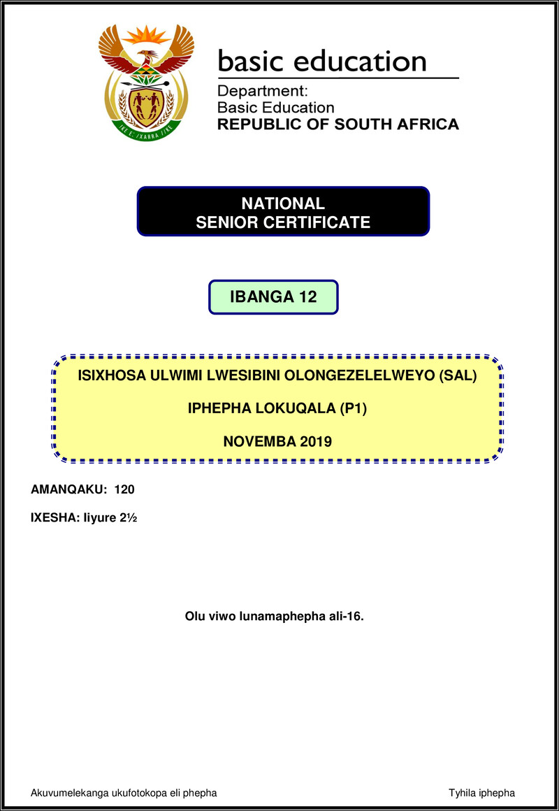 Grade 12 isiXhosa past paper 2019 – isixhosa sal p1 nov 2019 gr12