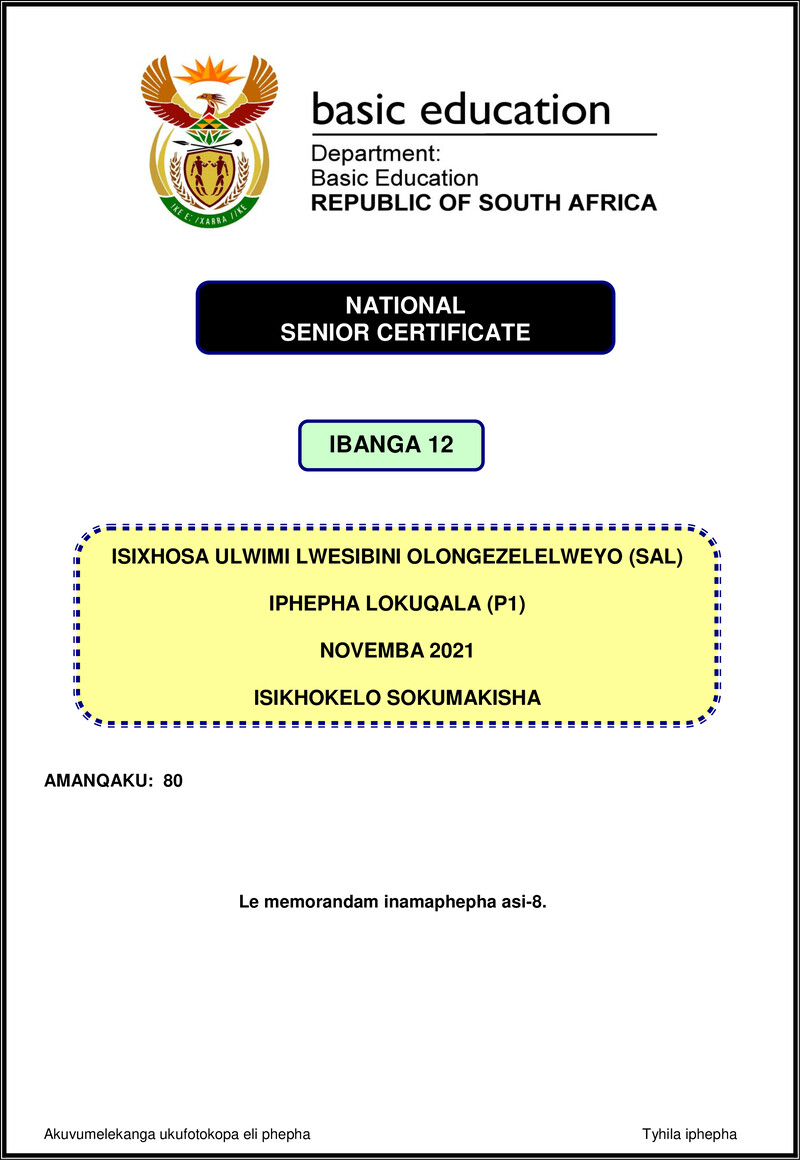 Grade 12 isiXhosa past paper 2021 – isixhosa sal p1 nov 2021 mg gr12